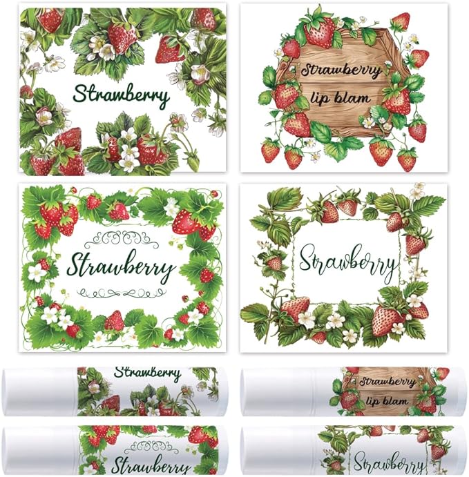 OLYCRAFT 100Pcs Self-Adhesive Lip Balm Tag Stickers 2.1x1.7 inch Waterproof Adhesive Label with Strawberry Rectangle Lipstick Tag Sticker for Lip Balm Container Tubes Lipstick Wrapping Decoration-VivaGrace Women