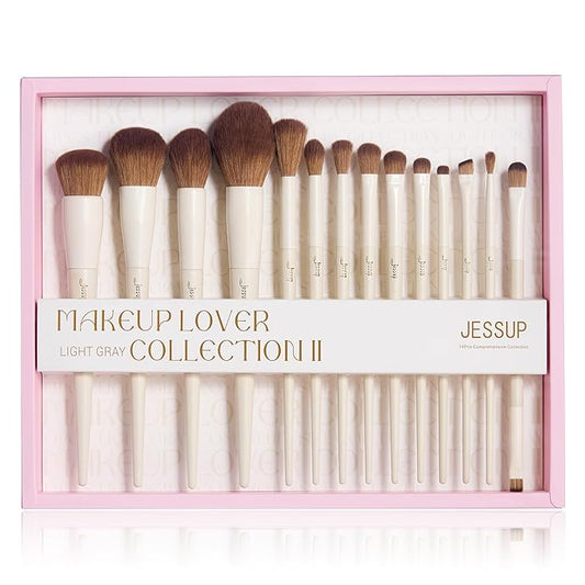 Jessup Makeup Brushes 14Pcs Makeup Brush Set Premium Synthetic Powder Foundation Contour Blush Concealer Eye Shadow Blending Liner Make Up Brush Kit Light Grey with Gift Box, T329-G-VivaGrace Women