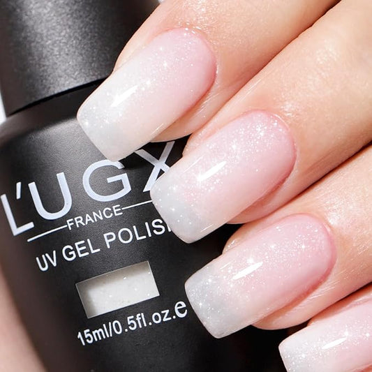 L'UGX Milky White Glitter Gel Nail Polish 15ML Neutral Sparkle Sheer Gel Polish U V Jelly Translucent Natural French Gel Nail Color for DIY Manicure at Home Salon Holiday Gifts for Women