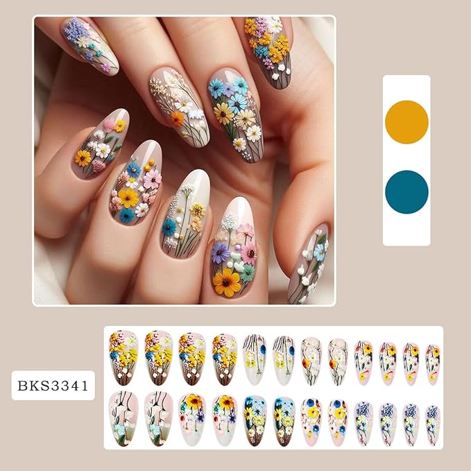 Flower Press on Nails Medium Almond Fake Nails with Leaf Designs Full Cover Stick on Nails Colorful Spring Glue on Nails Daisy Almond False Nails for Women Manicure Art 24Pcs