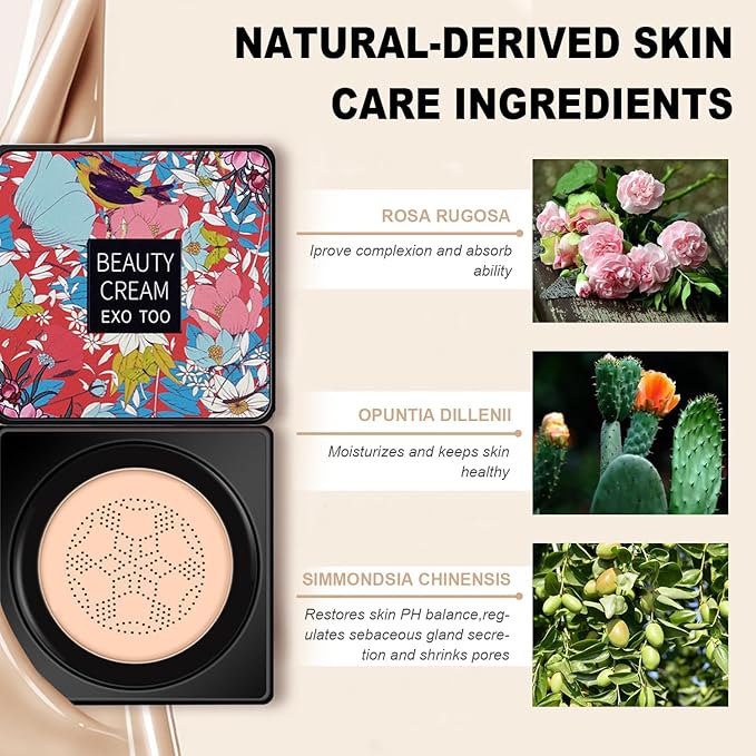 Beauty Cream EXO TOO Foundation, Beauty Cream Makeup Base, Moisturizing, Long Lasting Matte Air Cushion CC Cream Concealer with Two Mushroom Head Sponges-VivaGrace Women