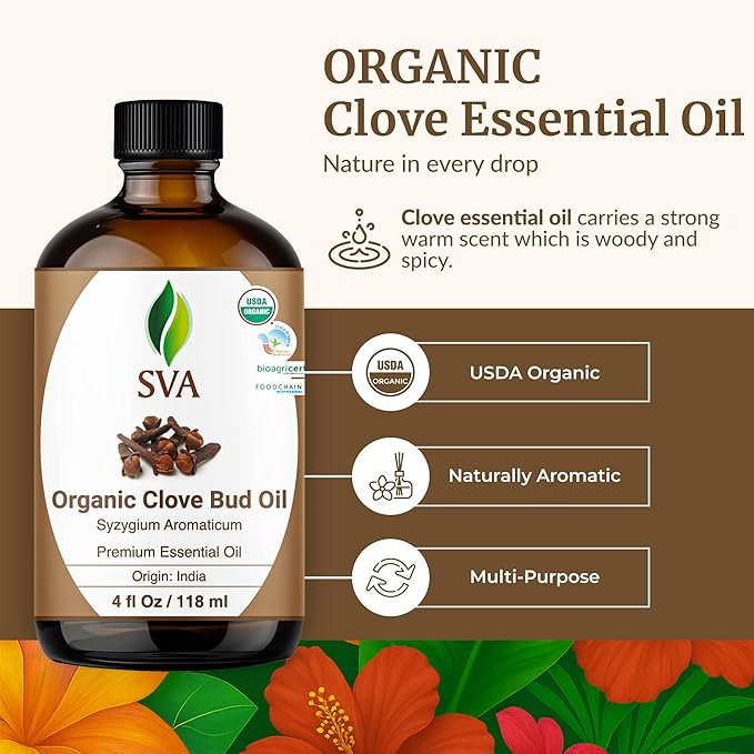SVA Clove Essential Oil Organic – 4 Fl Oz – 100% Natural Organic Clove Oil - for Diffuser, Hair Care, Face, Skin Care, Aromatherapy, Scalp and Body Massage, Soap and Candle Making - with Dropper-VivaGrace Women