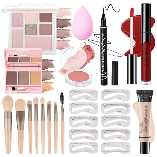 Makeup Kit for Teens Girls, Makeup Present Set for Women, Makeup Full Kit for Beginners, Mini Makeup Bundle Include 7 Pink colors Matte & Shimmer Pigmented Eyeshadow Palette, Eyebrow Powder-VivaGrace Women