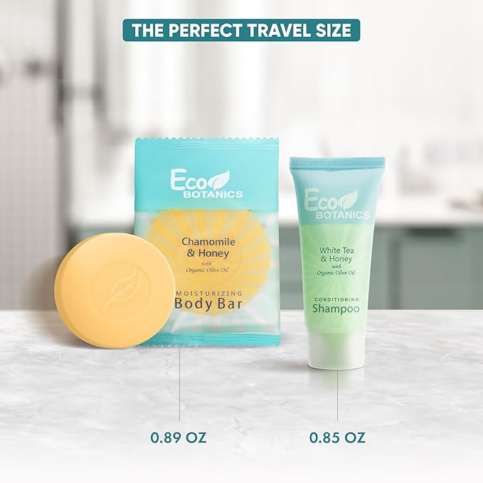 Eco Botanics Hotel Soaps and Toiletries Bulk Set | 1-Shoppe All-In-Kit Amenities for Hotels & Airbnb | 0.85 Conditioning Shampoo & oz Bar Soap Travel Size | 100 pieces-VivaGrace Women