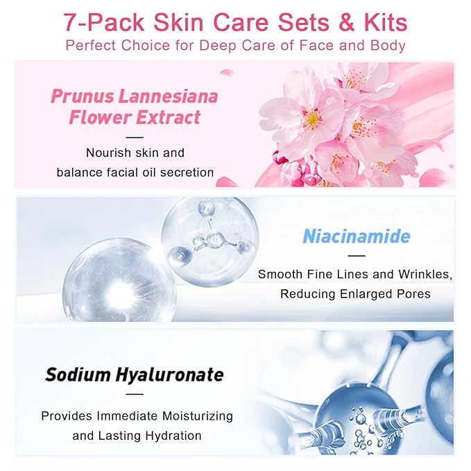 Skin Care Set JAPAN-SAKURA Women Beauty Gift Sets Skin Care Kit, Self-Care Skincare Set: Cleanser,Toner,Serum,Cream,Mud Mask,Eye Cream,Sunscreen, Facial Kit for Women Teen Girls Mom Daughter 7pcs-VivaGrace Women