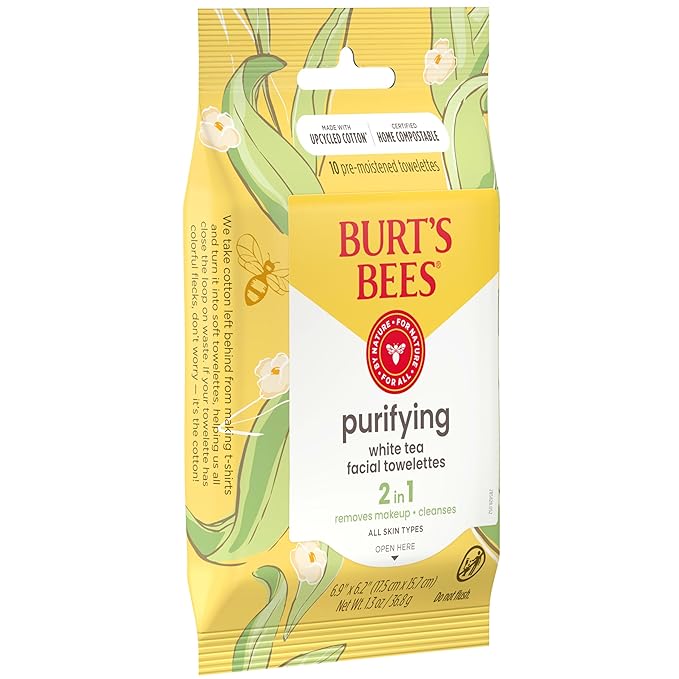 Burt's Bees Purifying Facial Towelettes With White Tea, Pre-Moistened Towelettes for All Skin Types, 99.1 Percent Natural Origin Skin Care, 10 ct. Package