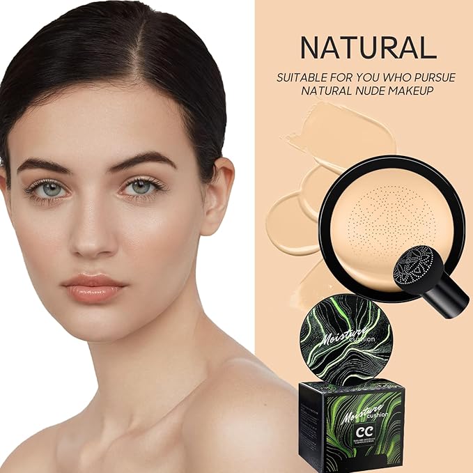 Mushroom Head Air Cushion CC Cream - BB Cream Foundation Makeup Moisturizing Concealer Long-Lasting, Cushion Foundation Full Coverage Self Adjusting for Mature Skin & All Skin Types (Natural)-VivaGrace Women