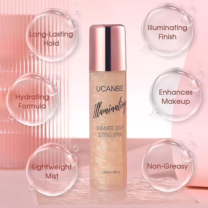 UCANBE Shimmer Dewy Setting Spray – Glowing + Makeup Setting Spray 2 in 1 Lightweight Formula for a Radiant Glow,Long-Lasting Face Mist for Face Body, 4 Fl Oz #Champagne-VivaGrace Women