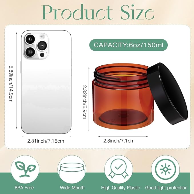 SATINIOR 24 Pieces Empty Clear Plastic Jars with Lids Round Storage Containers Wide Mouth for Beauty Product Cosmetic Cream Lotion Liquid Butter Craft and Food(Amber Lid,6 oz)-VivaGrace Women