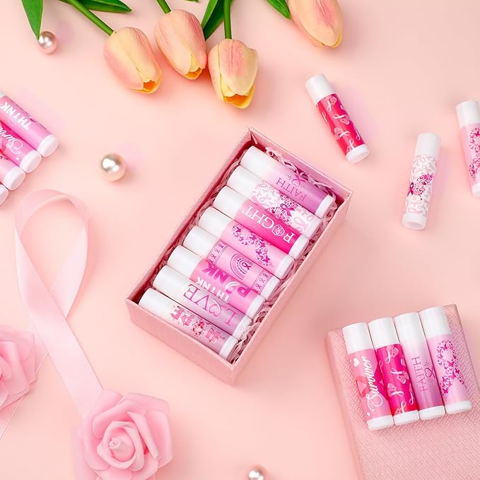 50 Pack Breast Cancer Awareness Favors Bulk Lip Balms Gifts Pink Ribbon Lip Balms Favors Breast Cancer Awareness Month Accessories Support Party Items Decorations for Women Men Survivors-VivaGrace Women