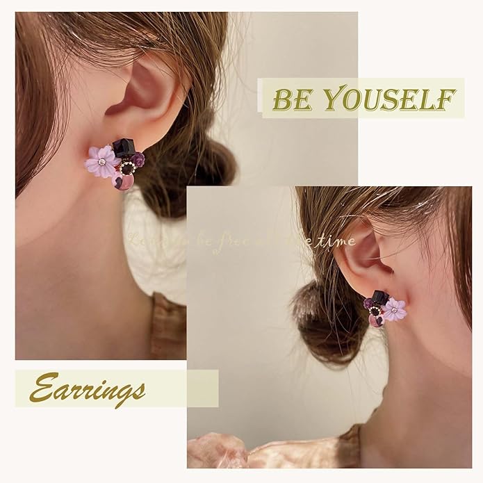 Boho Amethyst Flower Drop Earrings Vintage Purple Rhinestones Flora Petal Earrings Statement Purple Rose Studs Wedding Prom Geometric Crystal Flower Earrings Jewelry for Women-VivaGrace Women