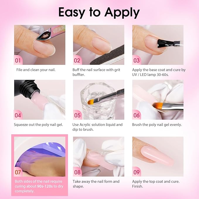 ROSALIND Poly Nail Gel Kit -12 Colors + Nail Art Accessories kit Clear Nude Poly Nails Gel Kit Starter Kit With Slip Solution Pro Nude Pink Nail Extensions Gel Set with Mini UV Lamp-VivaGrace Women