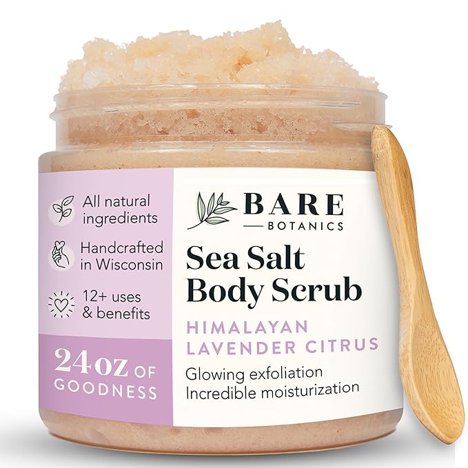 Bare Botanics Lavender Grapefruit Body Scrub 24 oz - Naturally Scented Himalayan Salt Scrub Made in Madison WI - Formulated w/Skin Loving Moisturizers - Cruelty Free Exfoliator w/a Cute Wooden Spoon-VivaGrace Women