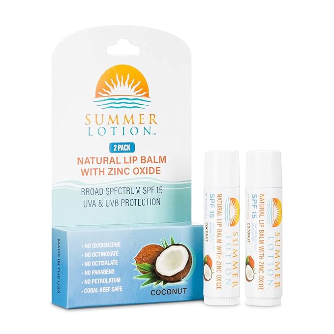 Natural Lip Balm with Zinc Oxide Sunblock by Summer Lotion, SPF 15 Lip Sunscreen 2-Pack, Water Resistant Chapstick, SPF Lip Protection for Everyone, (Coconut)-VivaGrace Women