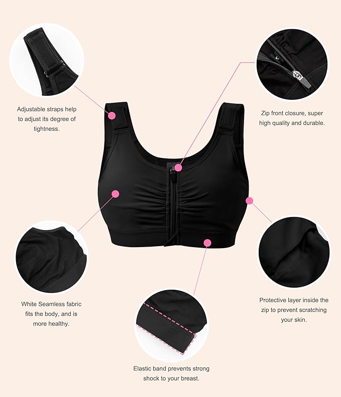 BRABIC Zip Front Closure Everyday Bra for Women Post Surgery Compression Support with Adjustable Straps Wirefree-VivaGrace Women