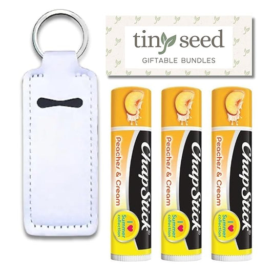Peaches and Cream Chapstick 3-Pack. Includes Bonus Lip Balm Holder Keychain (White). Limited Edition Flavor from the Chapstick I Love Summer Collection, Unique Gift Bundle from Tiny Seed-VivaGrace Women