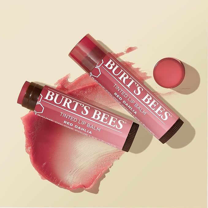 Burt's Bees Lip Tint Balm with Long Lasting 2 in 1 Duo Tinted Balm Formula, Color Infused with Deeply Hydrating Shea Butter for a Natural Looking Buildable Finish, Fiery Red Dahlia (2-Pack)-VivaGrace Women