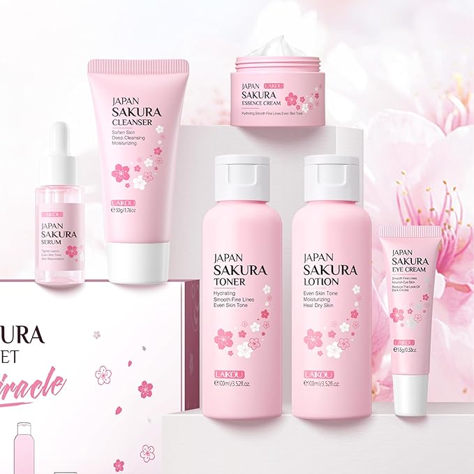 Skin Care Set JAPAN SAKURA Women Beauty Gift Sets Skin Care Kit with Cleanser, Toner, Lotion, Serum, Eye Cream, Face Cream Travel Kit for Women Teen Girls Mom Daughter TSA-friendly Sizes 6pcs-VivaGrace Women