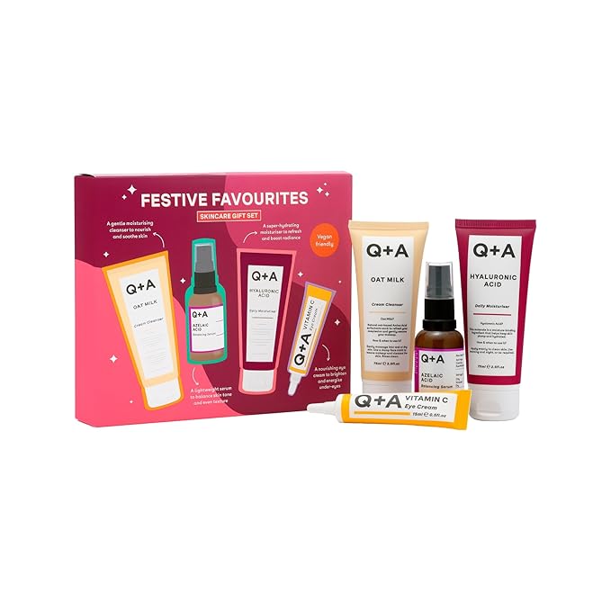 Q+A Festive Favourites Gift Set, containing a Hyaluronic Acid Moisturiser (75ml), an Oat Milk Cream Cleanser (75ml), an Azelaic Acid Serum (30ml), and a Caffeine Eye Serum (15ml)-VivaGrace Women