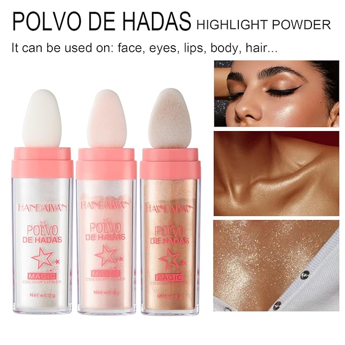 AKARY Body Glitter, Fairy Polvo De Hadas Shimmer Face Highlighter Powder & Blush Stick, Instant Glow Luminizer Duo, Glitter Face Hair High Gloss, Sparkle Smudge-Proof Highlighter Stick Party Makeup (#02 Fairy Pink)-VivaGrace Women