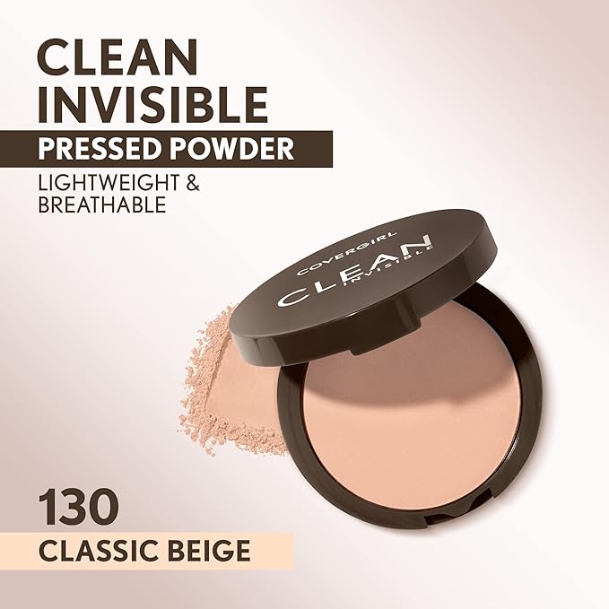 Covergirl Clean Invisible Pressed Powder, Lightweight, Breathable, Vegan Formula, 130 - Classic Beige, 0.38oz-VivaGrace Women