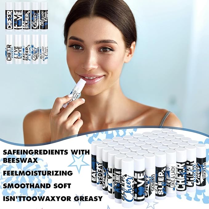 50 Sets Cheer Gifts Bulk 50 Cheer Lip Balm Bulk Moisturizing with 50 Organza Drawstring Gift Bags 50 Tags Cheerleader Gifts Cheer Gifts Bulk for Team (Blue)-VivaGrace Women