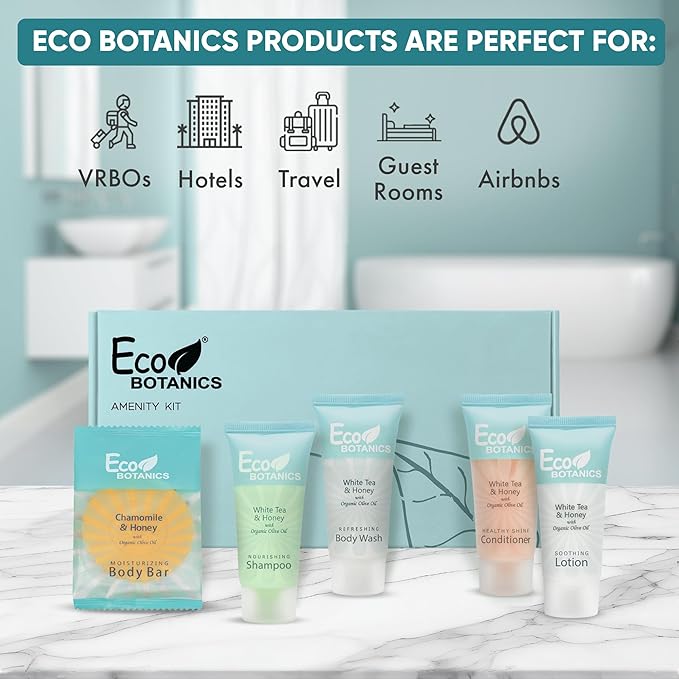 Eco Botanics Amenity Kit | Boxed Hotel Toiletries | Bulk Set .85 oz Travel Size Shampoo, Conditioner, Lotion, Body Wash & Body Bar Soap for Guest Hospitality AirBnB/Vacation Rentals | 60 sets per case-VivaGrace Women
