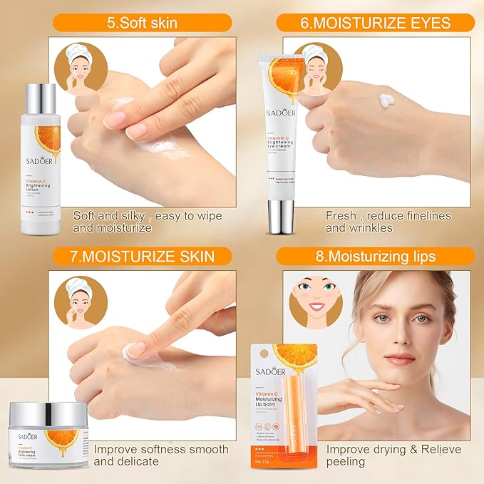 10 Pcs Skin Care Sets Face Care Set for Women Includes 1 Pcs Cleanser, Toner, Lotion, Eye Cream, Serum, Face Cream, Lip Balm and 3 Facial Masks Skincare Gift for Girls (Vitamin C)-VivaGrace Women