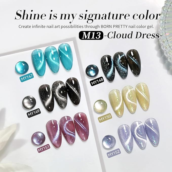 Born Pretty Cat Magnetic Eye Gel Nail Polish, 6 Colors 9D Magnetic Glitter Gel Polish Set Black Blue Purple Green Nail Polish Kit Soak Off LED Nail Art DIY Salon Gift-VivaGrace Women