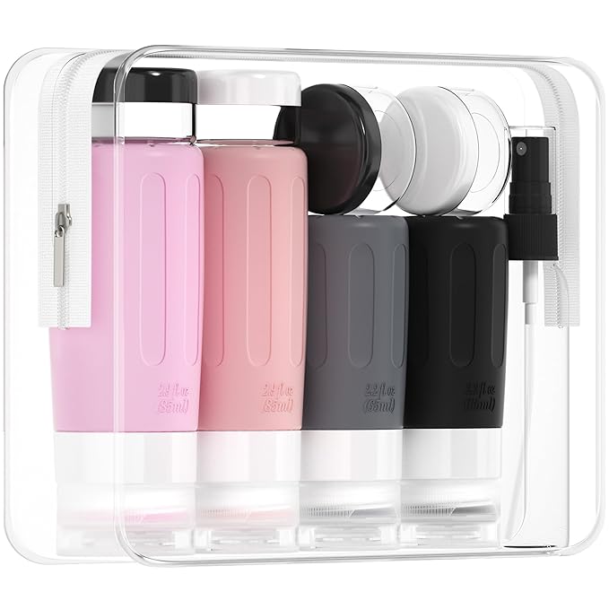 Morfone 16 Pack Silicone Travel Bottles Set for Toiletries TSA Approved Travel Containers Leakproof Squeezable Refillable Accessories 2oz 3oz for Shampoo Conditioner Lotion Liquids (Black Pink)-VivaGrace Women