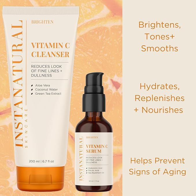 InstaNatural Vitamin C Cleanser and Serum Kit, Brightens and Reduces Signs of Aging, Fine Lines and Wrinkles, with Botanical Extracts-VivaGrace Women