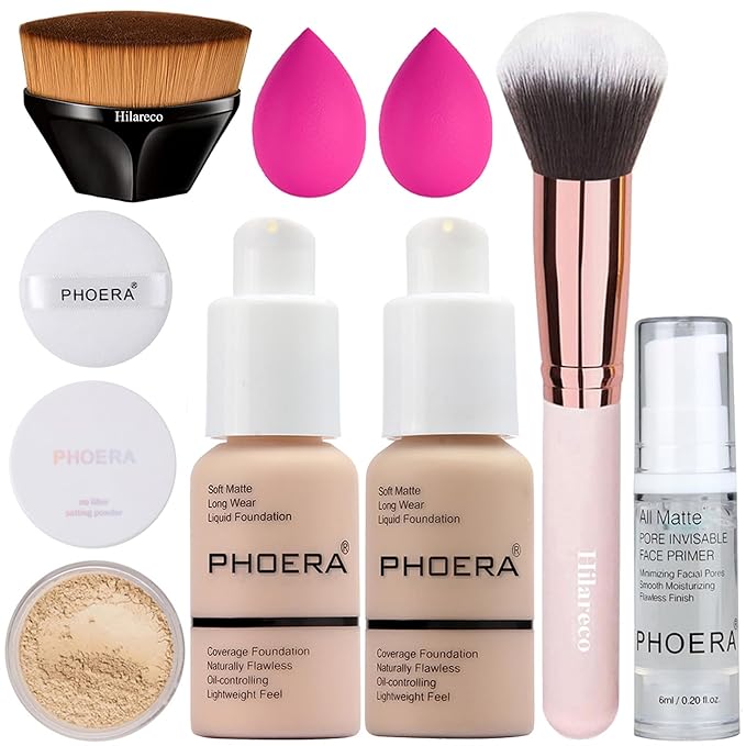 PHOERA Foundation, Full Coverage Foundation, PHOERA Primer, PHOERA Powder, PHOERA Makeup Set, Kabuki Makeup Brushes Foundation Brush Powder Brush,2 Pcs Makeup Sponge (101 Porcelain+102 Nude)-VivaGrace Women