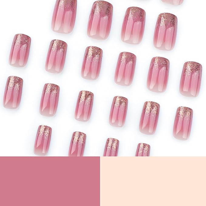 Medium Square Press on Nails French Tip Fake Nails Gold Glitter False Nails with Designs Pink Full Cover Glue on Nails Sparkly Artificial Nails Cute Stick on Nails for Women 24Pcs