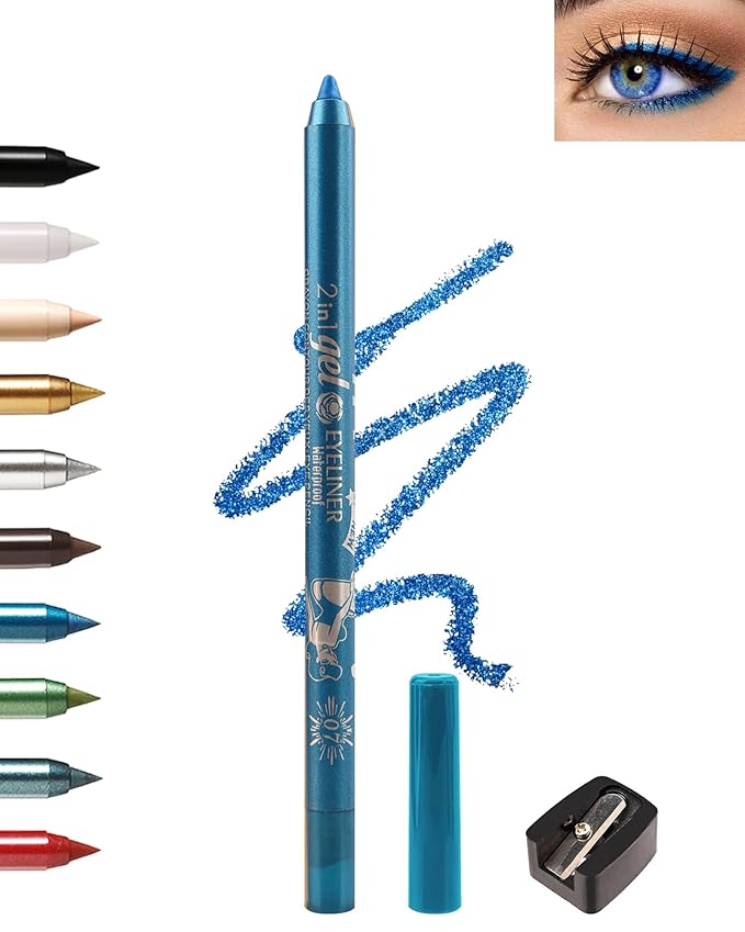 Sky Blue Eyeliner Pencil Gel, Sharpenable Multi-Use Colorful Eyeliner Waterline Waterproof Smudge-Proof Long Stay, High Pigmented Shimmer Cream Eye Liner Pen with Sharpener, Safe for Sensitive Eyes-07