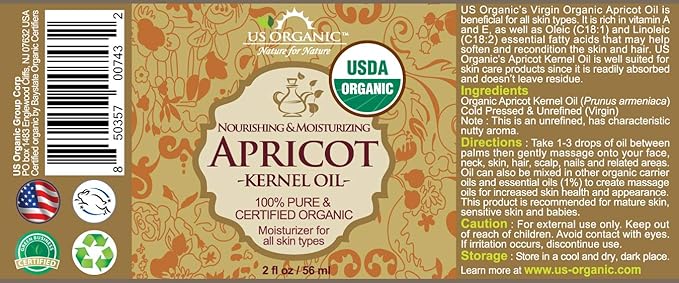 US Organic Apricot Kernel Oil, USDA Certified Organic,100% Pure & Natural, Cold Pressed Virgin, Unrefined in Amber Glass Bottle w/Glass Eyedropper for Easy Application (2 oz (Small))-VivaGrace Women