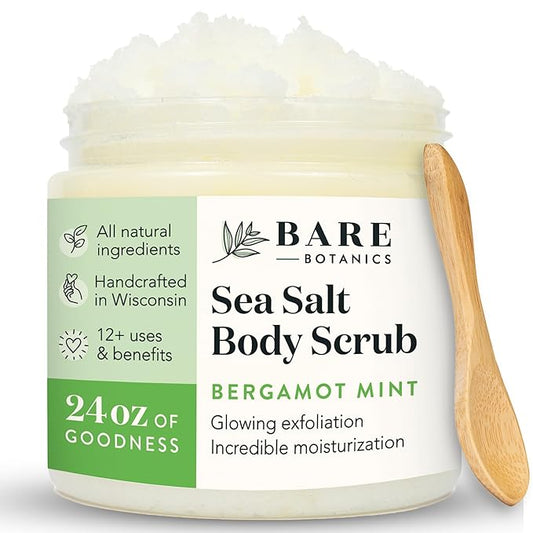 Bare Botanics Bergamot Mint Body Scrub 24oz | Made in Madison, WI | All Natural Sea Salt Exfoliator w/ Skin Loving Moisturizers | Vegan & Cruelty Free | Gift Ready Packaging w/ a Cute Wooden Spoon-VivaGrace Women
