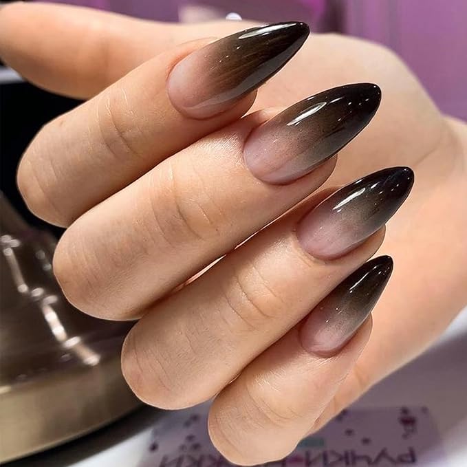 Ombre Black Fake Nails Medium Almond Press on Nails with Designs False Nails Glossy Glue on Artificial Nails for Women and Girls