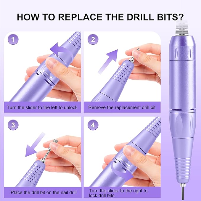 Professional Electric Nail Drill File:COSYGLOW Glitter Portable Cordless E-File Nail Drill Kit with 11 Drill Bits,30000 RPM Rechargeable Nail Drills Machine for Acrylic Nails Gel Polishing(Purple)-VivaGrace Women