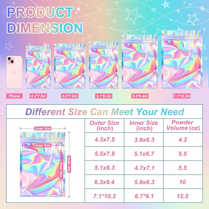 ANZNKU 100 Pack Mylar Bags Reasealable Holographic Bags, Smell Proof Bag Zipper Pouches with Clear Window, Jewelry Candy Sealable Bag for Packaging Sample Party Favor(7.1 x 10.2 Inch)-VivaGrace Women
