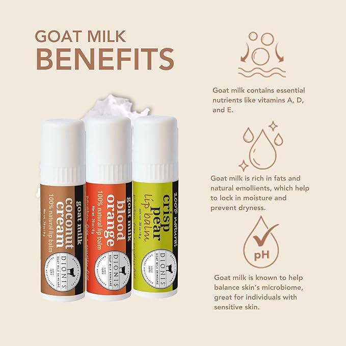 Dionis Goat Milk Skincare Fruity & Delicious Lip Balm Gift Set - Beeswax, Shea Butter & Coconut Oil Lip Care Products Made in The USA - Cruelty Free Lip Moisturizer For Dry Chapped Lips, 0.28oz 3 Pk-VivaGrace Women