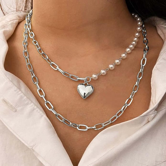 Boho Layered Pearl Choker Necklace Chain Vintage Gold Heart Pendant Cuban Chain Necklace Rock Statement Pearl Heart Necklace Asymmetrical Pearl Strand Necklace Jewelry for Women and Girls-VivaGrace Women