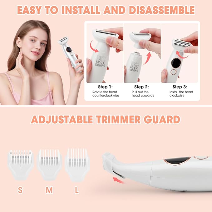 5 in 1 Bikini Trimmer for Women,IPX7 Waterproof Cordless Replaceable Pubic,Eyebrow,Facial Electric Razors&Nose Hair Trimmer&Painless Body Shaver for Arms Legs Underarms,USB Charge,LED Display,Wet&Dry-VivaGrace Women