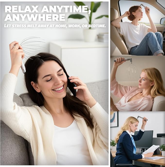 Head Massager Scalp – Electric Scalp Massagers with L-Handle, Waterproof Head Scratchers & Hair Massage Tool with 20 Metal Fingers for Stress Relief and Relaxation-VivaGrace Women