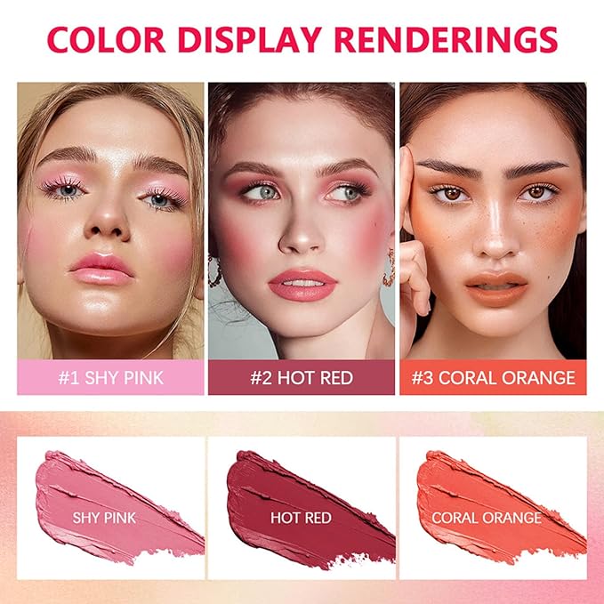 Cream Red Blush Stick,Multi-Use Makeup Milk Blush Stick,Long Lasting Natural Blush Makeup 2-in-1 Cheek and Lip Tint,Waterproof Vegan Tinted Moisturizer Matte Blush Stick for Cheeks and Lip-VivaGrace Women