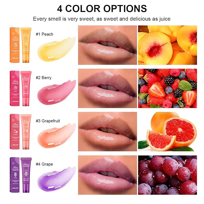 4Pcs Lip Glowy Balm | Lip Sleeping Mask | Plumping Lip Gloss | Tinted Lip Balm (Grape, Peach, Berry, Grapefruit)-VivaGrace Women