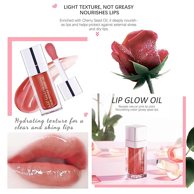 Lip Oil Hydrating Tinted Lip Balm, Plump Lip Gloss Lip Care Transparent Toot Lip Oil Tinted, Glass Lip Glow Oil Fresh Texture & Non-sticky, Nourishing Repairing Lightening Lip Lines Lip Care Products (012# ROSEWOOD)-VivaGrace Women