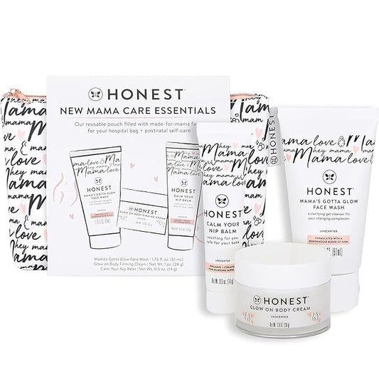 The Honest Company New Mama Care Essentials Gift Set | Hospital Bag Must Haves | Travel Size Nip Balm (0.5 oz), Glow On Body Cream (1 oz), Gotta Glow Face Wash (1.75 fl oz), Reusable Pouch-VivaGrace Women