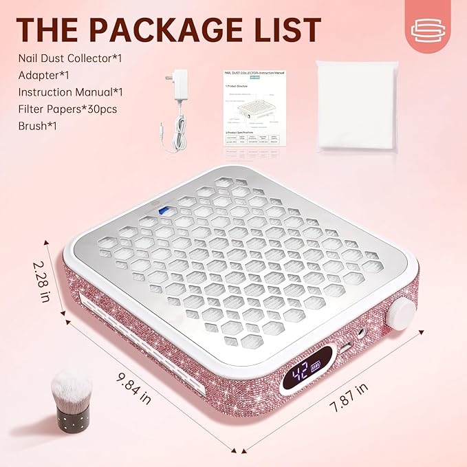 Nail Dust Collector, Rechargeable Dust Collector Nail Tech, Powerful Vacuum Fan Vent Dust Collector Extractor Dust Suction Machine for Acrylic Nails Polishing, Nail Salon&Home, Pink-VivaGrace Women