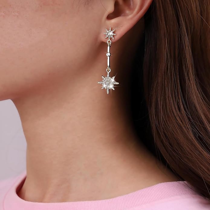 Vintage Crystal Starburst Drop Earrings Long Rhinestone Northstar Earrings Gold Cz Star Dangle Earrings Cz North Star Stud Earrings Jewelry for Women-VivaGrace Women