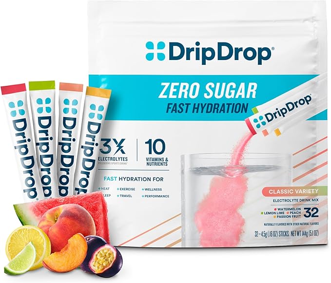 DripDrop Sugar Free Hydration Packets - Zero Classic Variety Pack - Single Serve Electrolytes Powder Drink Mix - Lemon Lime, Watermelon, Peach, Passion Fruit - Non-GMO, Gluten Free, Vegan - 32 Sticks-VivaGrace Women